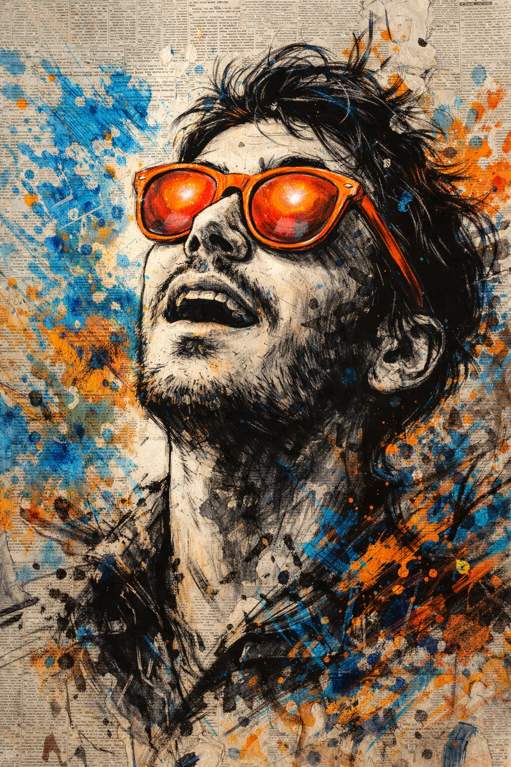 expressive mixed media portrait of man looking upward  abstract expressionist male portrait with orange glasses  fine art editorial illustration with newspaper texture  contemporary mixed media artwork with bold sketch lines